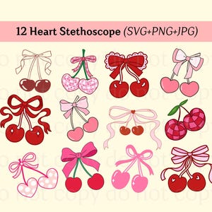 Könnte beinhalten: Zwölf herzförmige Kirschmotive mit rosa Schleifen. Die Kirschen sind rot mit weißen Punkten. Die Schleifen sind rosa mit weißen Punkten. Die Motive sind perfekt für Bastelprojekte, Scrapbooking oder digitales Design.