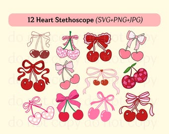 Cherry Bomb Png Svg, Cute Coquette Cherries with Bow SVG Set, pink bow clipart, cherries svg, retro Cherry png, Whimsical Ribbon Cherry SVG