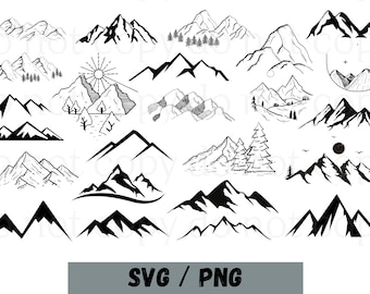 May include: A set of 16 black and white mountain range illustrations. The mountains are drawn in a simple, minimalist style. The illustrations are perfect for use in digital or print projects.