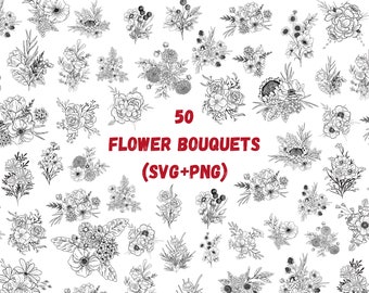May include: A collection of 50 black and white floral bouquets in various styles, including roses, sunflowers, and other botanical designs. Text in red reads "50 FLOWER BOUQUETS (SVG+PNG)".