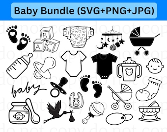 May include: A black and white illustration set of baby icons. The set includes a baby bottle, a pacifier, a diaper, a baby rattle, a baby crib, a baby sock, a baby foot print, a baby bib, a baby mobile, a baby onesie, a baby carriage, a baby food jar, a baby spoon, a baby toy, a baby's first word "baby" and a stork carrying a baby.