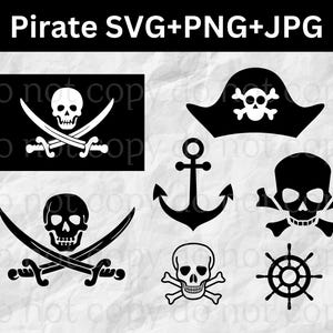 May include: A set of 10 black and white pirate themed SVG, PNG, and JPG digital clip art images. The images include a pirate flag with crossed swords, a skull and crossbones, an anchor, a pirate hat, and a skull with a bandana.