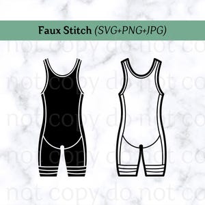 May include: Two black and white wrestling singlets, one black and one white, with a faux stitch design. The singlets are sleeveless and have a scoop neck.