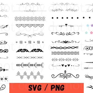 May include: A set of 20 black and white decorative divider lines. The dividers are in various styles, including swirls, hearts, stars, and geometric shapes. The dividers are perfect for adding a touch of elegance to your digital designs.