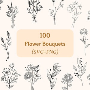 100 Blumenstrauß SVG-Bundle | Hochzeit & Wildblumen SVG | Blumenstrauß Cricut Designs zum Basteln, Botanische, Rose, Sonnenblume