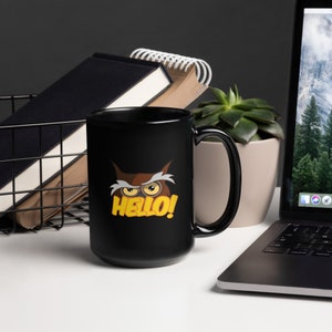 Cup Owl hello mug black hello mug owl mug greetings