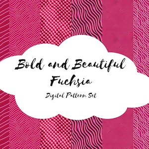 Puede incluir: Un conjunto de patrones digitales con cinco diseños abstractos diferentes en fucsia intenso. Los diseños incluyen líneas onduladas, un patrón texturizado y un patrón geométrico. El texto "Bold and Beautiful Fuchsia Digital Pattern Set" se muestra en una forma de nube blanca.