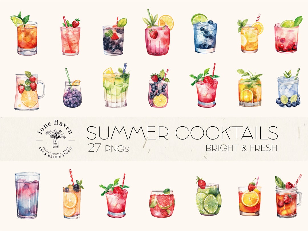 27 Pngs Cut Outs of Detailed Watercolor Summer Cocktail Drinks ...