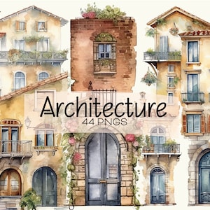 Digitales Aquarell Architektur Ausschnitt Clip Art Illustrationen Gebäude Architektur Branding Aufkleber Grafikdesign DIY