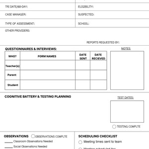 May include: A white paper form titled "CASE PLANNING" with sections for student information, assessments, and scheduling. Includes fields for questionnaires, observations, and a checklist. The form is designed for educational or therapeutic use.