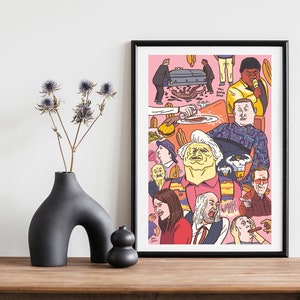 May include: A colourful illustration print featuring a group of people in a chaotic scene. The print is set against a pink background and includes a coffin, a plate of food, and a variety of characters with unique expressions.