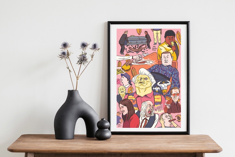 May include: A colourful illustration print featuring a group of people in a chaotic scene. The print is set against a pink background and includes a coffin, a plate of food, and a variety of characters with unique expressions.
