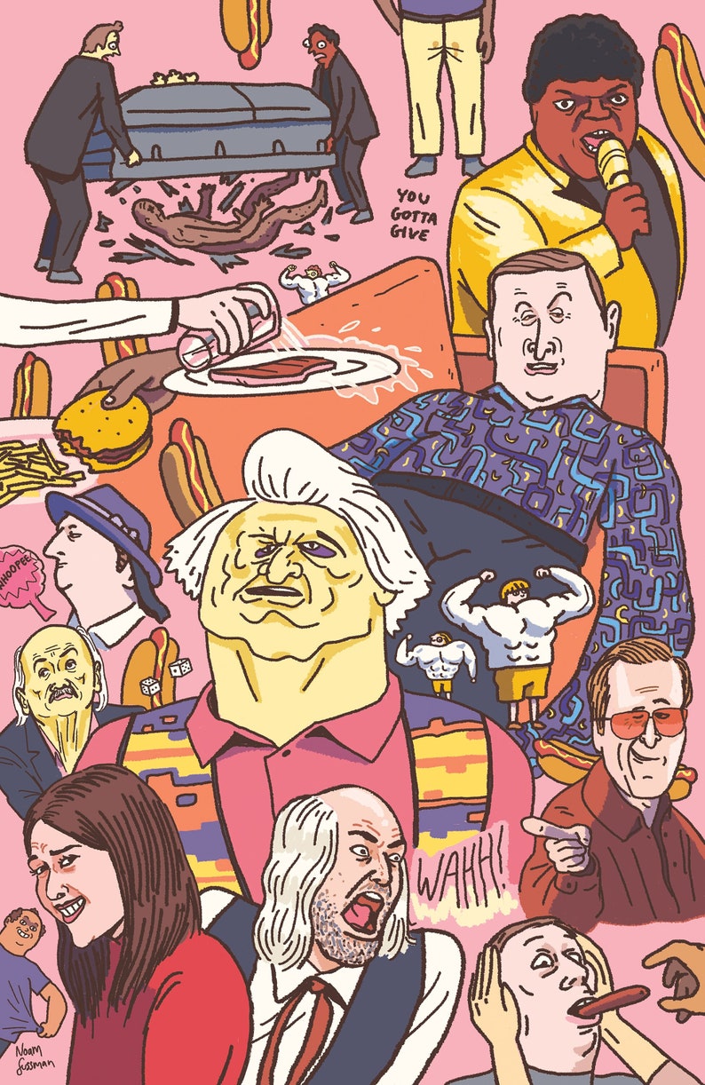 May include: A colourful cartoon illustration featuring a variety of characters, including a man with a microphone, a man with a hot dog, and a man with a steak. The illustration is set against a pink background and includes the text "You Gotta Give" and "Wahhh!"