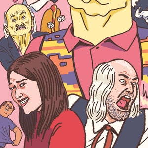 May include: A group of people with different hairstyles and expressions. The people are drawn in a cartoon style with bold lines and bright colours. The image has a retro feel.