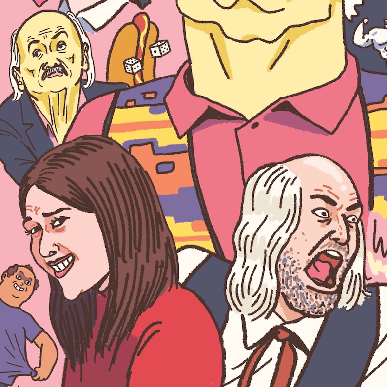 May include: A group of people with different hairstyles and expressions. The people are drawn in a cartoon style with bold lines and bright colours. The image has a retro feel.