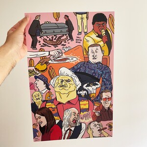May include: A colourful illustration of a group of people, some with exaggerated features, in a chaotic scene. The illustration includes hot dogs, a coffin, a plate of food, and the text "You gotta give".
