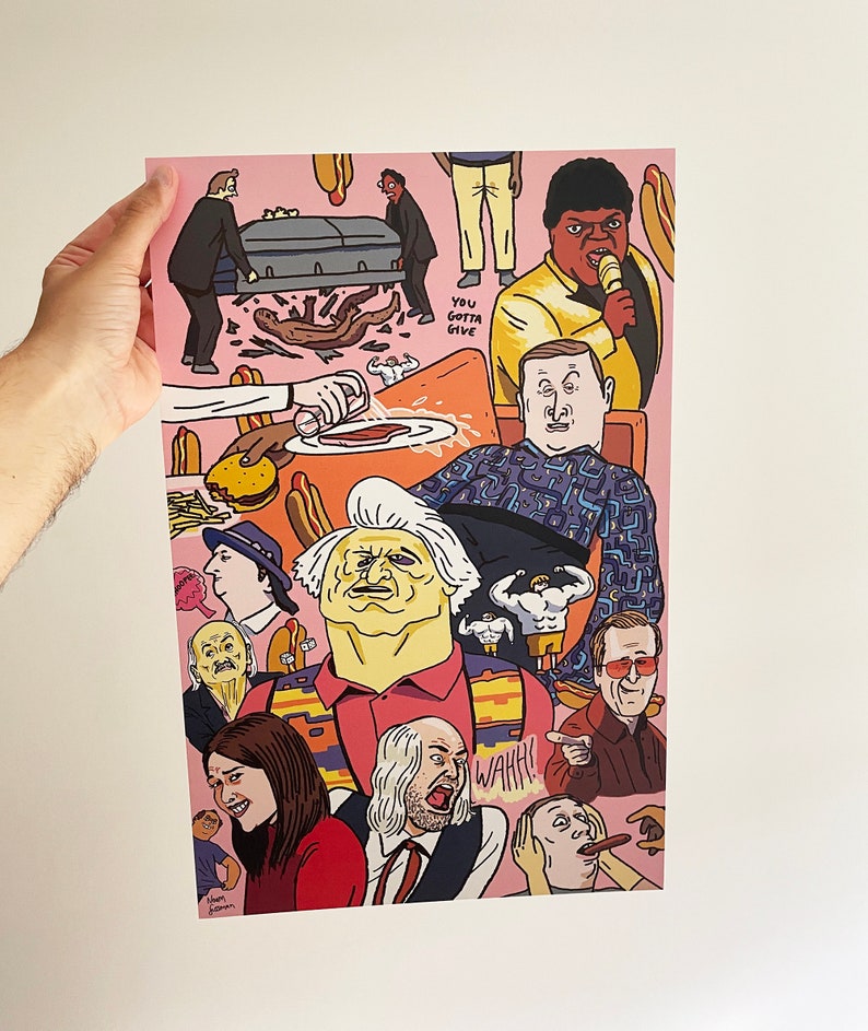 May include: A colourful illustration of a group of people, some with exaggerated features, in a chaotic scene. The illustration includes hot dogs, a coffin, a plate of food, and the text "You gotta give".