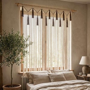 Makramee Vorhang Handarbeit | Boho Balkon & Outdoor Raumteiler | Baumwoll Fenster Vorhang | Natürliche Wohnkultur