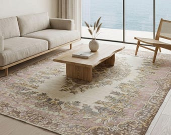 Vintage Anatolian Area Rug 5.5x8.8 ft | Handwoven Wool Carpet | Muted Pink Floral Medallion | 1980s Turkish Boho Living Room Decor