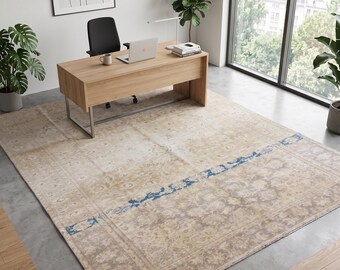 Vintage Turkish Rug, Large Handwoven Wool Area Rug 9x12, Distressed Beige Taupe Blue Pattern, Traditional Anatolian Carpet, Living Room Rug