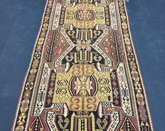 Vintage Turkish Runner Rug | 4x12 Anatolian Kilim | Brown Mustard Geometric Flatweave | 116x372 Wool Hallway Carpet | 1980s Tribal Decor