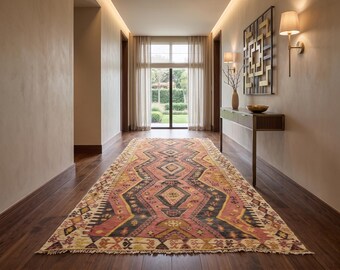 Vintage Anatolian Kilim Runner, 5x13 Geometric Turkish Rug, 1980s Handwoven Hallway Carpet, Pink Brown Boho Decor, 160x400 cm