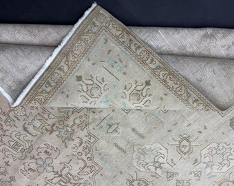 Vintage Anatolian Rug 9x13, Handwoven Wool Area Rug, Muted Beige Neutral Carpet, Large Living Room Rug, 1980s Turkish Rug