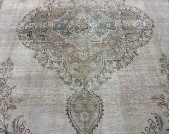 1980s Vintage Turkish Rug , Oversized Handmade Wool Area Rug, Beige Oushak Style Rug, Distressed Floral Medallion Carpet 9.6x12.2