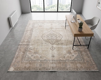 9.5x12.3 Vintage Rug | Handwoven Wool Carpet | Neutral Anatolian Area Rug | Large Muted Oushak | 1980s Living Room Decor