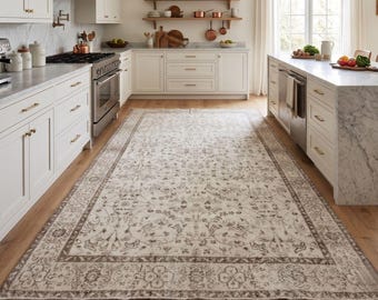 Vintage Anatolian Wool Area Rug 5x9 | Muted Beige Turkish Carpet | Handwoven 1980s Oushak Style | Neutral Living Room Decor