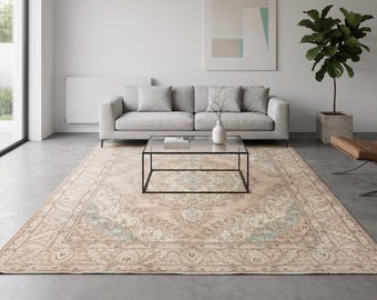 Large 9x12 Vintage Anatolian Rug | Muted Beige and Pale Blue Oushak Carpet | Handwoven Wool Area Rug, Living Room Bedroom Farmhouse Decor