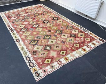 Vintage Turkish Area Rug | 7x12 Anatolian Kilim | Terracotta Geometric Flatweave | 206x355 Wool Living Room Carpet | 1980s Tribal Decor
