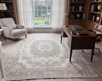 Vintage Anatolian Rug 6x10 | Handwoven Wool Turkish Oushak Carpet | Neutral Blush Floral Area Rug | 1980s Living Room Decor
