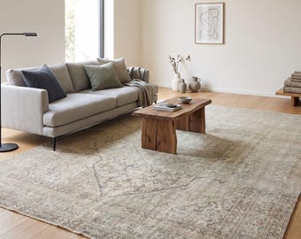 9x13 Vintage Wool Area Rug | Anatolian Oushak Carpet | Faded Neutral Beige Rug | 1980s Handwoven Turkish Rug For Minimalist Living Room
