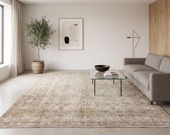 Vintage Anatolian Rug 9x12, Handwoven Beige Wool Carpet, Large 1980s Turkish Area Rug | Living Room Decor, Neutral Boho Room Rug