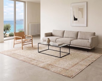 Large Ivory Beige Wool Area Rug, 1980s Vintage Turkish Rug, Neutral Floral Anatolian Rug, Faded Oushak Style, 207x308 cm