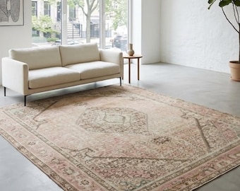 8x10 Vintage Turkish Rug, Muted Pink Handwoven Wool Area Rug, Beige Anatolian Carpet, 1980s Boho Living Room Decor