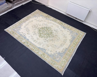 1980s Vintage Turkish Rug, Large Handmade Wool Area Rug, Distressed Oushak Style Rug, Blue Green Beige Floral Carpet 7x9.4
