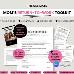 Kit de ferramentas de retorno ao trabalho da mãe | Modelos de currículo | Carta de apresentação | Preparação para entrevista | De mãe que fica em casa à carreira | Currículo de dona de casa