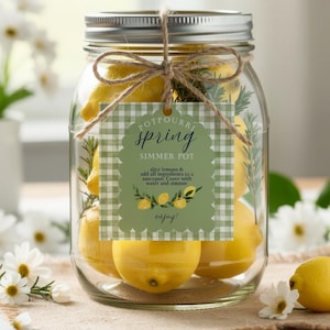 May include: A clear glass mason jar filled with whole yellow lemons and sprigs of green rosemary. A green and white gingham tag is tied to the lid with twine, featuring the text: POTPOURRI spring SIMMER POT, instructions, and lemon graphics.