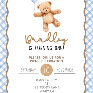 Teddy Bear Picnic First Birthday Invitation Template