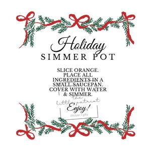May include: A white background with text that reads "Holiday Simmer Pot". The text is surrounded by a decorative border of red bows and green pine branches. Instructions are included for making a simmer pot.