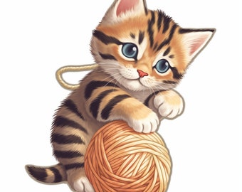 Playful Kitten with Yarn Sticker | Detailed and Whimsical Cat Decal for Cat Lovers | High-Quality, Adorable Decor for Any Surface