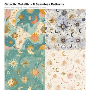 Paquete de patrones metálicos galácticos: fondos bohemios celestiales sin costuras. Papel digital para tela y embalaje.