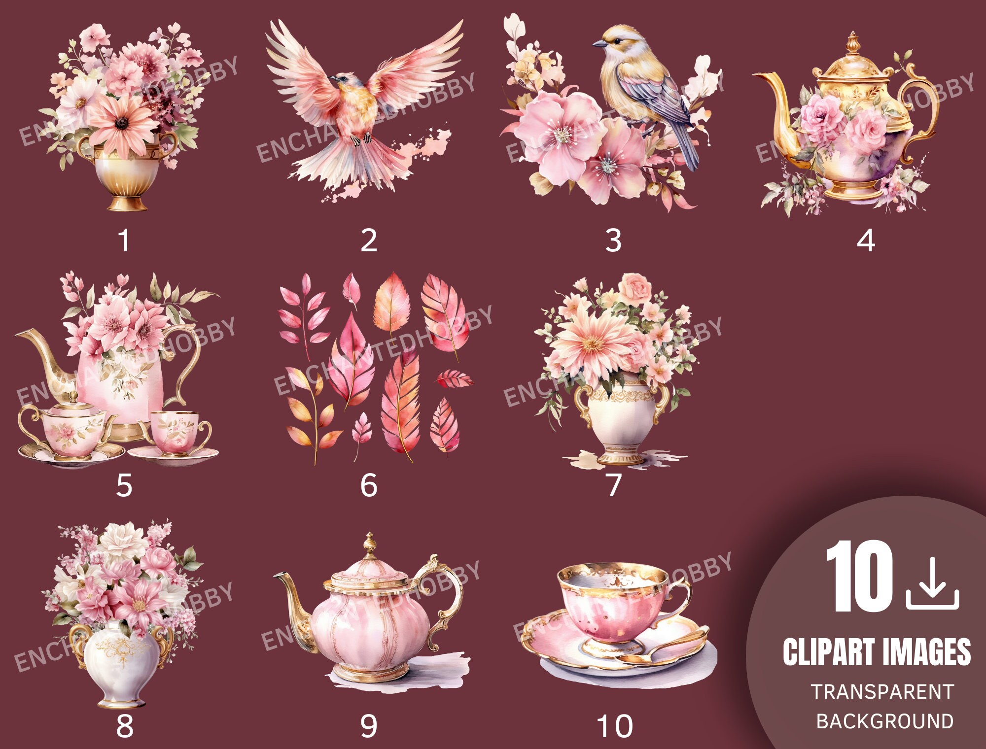 Gold Pink Tea Set Clipart Watercolor Tea Set Summer Etsy