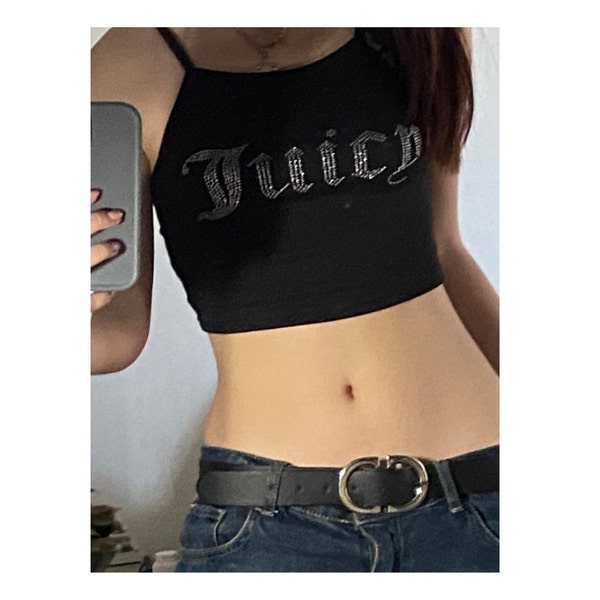 Juicy Couture Rhinestone Goth Cropped Tank Top - Y2K Summer Top - Graphic Design  - E-Girl Punk Woman Clothing