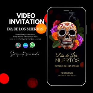 Halloween Video Invitation for Adults | Día de los Muertos party Animated Evite | Editable Party Template |  |  skull halloween invitation