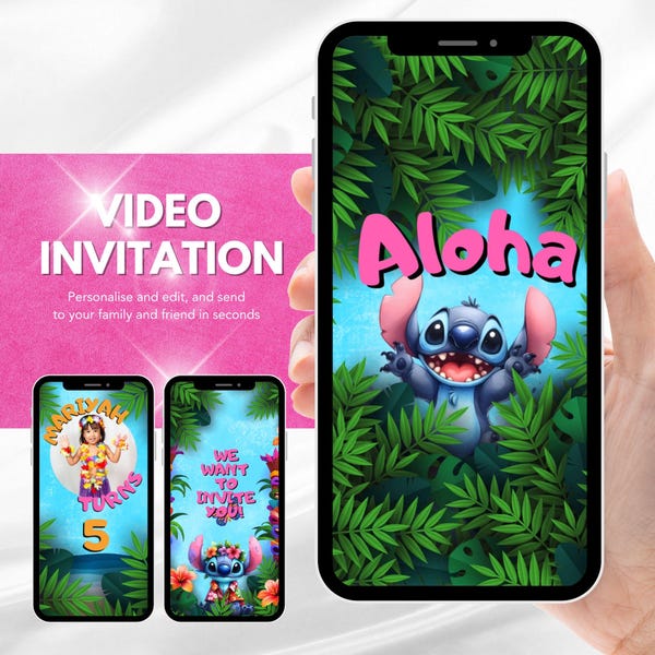 Kinderverjaardag uitnodigingsvideo stitch uitnodiging voor meisjesfeest | Personaliseer, kids Verjaardag Meisje Video Uitnodiging jongen