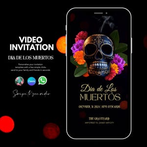Halloween Video Invitation for Adults | Día de los Muertos party Animated Evite | Editable Party Template |  |  skull halloween invitation