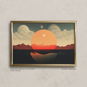 Op de afbeelding: Een digitale illustratie van een zonsondergang boven een landschap met een grote oranje zon en een reflectie in het water eronder. De tekst "Essential Abstract Collection" en "Solar Echoes" staat onderaan de afbeelding.